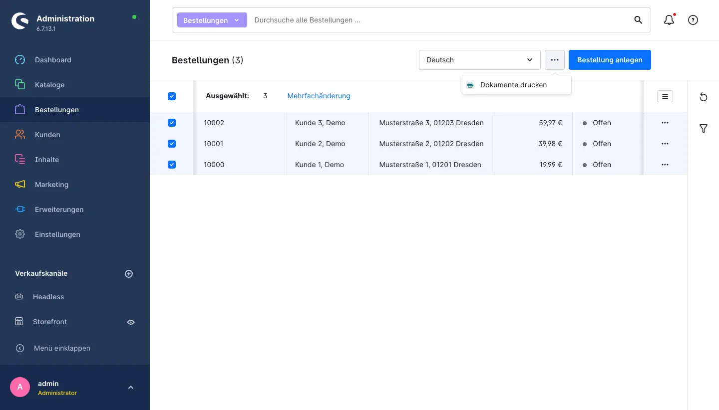 Shopware-Bestellliste mit markierten Bestellungen und geöffnetem Aktionsmenü mit dem Eintrag „Dokumente drucken“