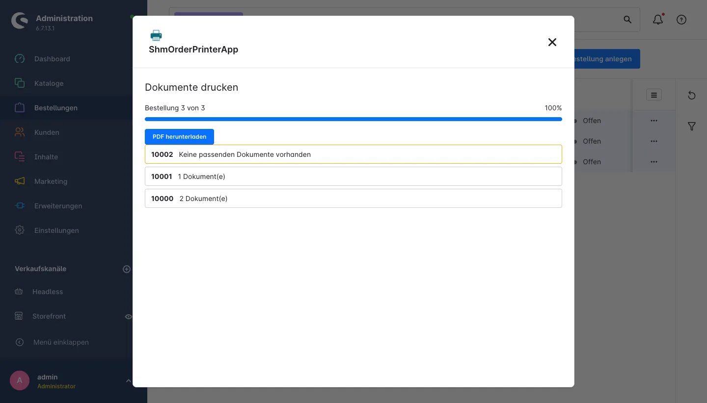 Druckfenster der App nach dem Lauf mit Ergebnisliste je Bestellung, einer Warnung „Keine passenden Dokumente vorhanden“ und dem Button „PDF herunterladen“