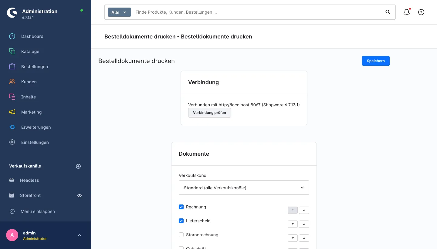 Einstellungen der App mit Verbindungstest, Auswahl des Verkaufskanals und Liste der Dokumenttypen mit Pfeilen für die Reihenfolge